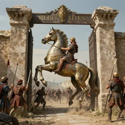 trojan horse at the gate of troy, art by greg rutkowski, siege, 4 k, - n 4
