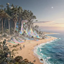 highly detailed holographic iridescent sci fi world with forests deserts and oceans, at dusk, high exposure stars, by gilbert williams, by simon stalenhag, by beeple, by bruce pennington, by moebius, featured in juxtapoz, mixed media, dynamic composition, octane render, with many different pastel shades of blue pink orange yellow green, beautiful lighting, desaturated