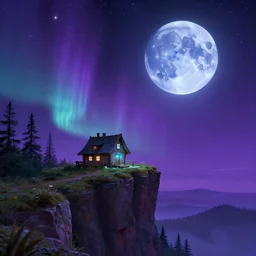 exotic landscape, a small house on the cliff, a huge blue moon, a purple sky full of small stars, andromeda krogan nebula aurora wallpaper 3 d pixar disney digital cgi rtx hdr painting bioluminance alena aenami artworks in 4 kby loish beeple, by thomas kinkade
