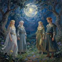 kingdom of elves, outside of time and space, dreamy, romantic, night lighting, expressive impressionist style, highly detailed, 8 k