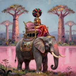 a regal and elegant african queen with a colorful afro sitting in a cabana on top of an extremely large steampunk elephant near a pink lake with a large glowing baobab tree, by amanda sage and alex grey in a surreal psychedelic style, oil on canvas 8k, hd