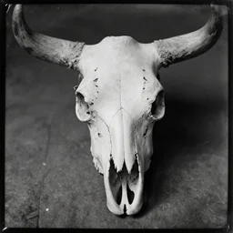 cow skull, old vintage photography, damaged photo, daguerreotype, ambrotype, black and white, archive, film artifacts, scratches, tears, hyperrealistic, ultra detailed
