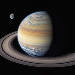 Earth-like planet with Saturn-like rings, photograph,