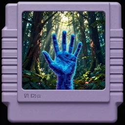 snes cartrige cover art of a blue glitchy hand in the forest