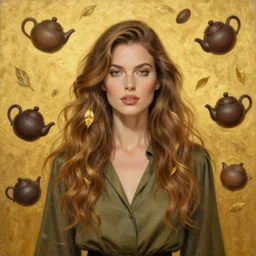 epic painting drawing, full figure portrait of beautiful supermodel wearing olive blouse, long wavy hair with golden tea leaf, teapots floating in the air, photography by amy leibowitz, wlop, jeremy lipkin, beeple, intricate, symmetrical front portrait, artgerm, golden glowing background