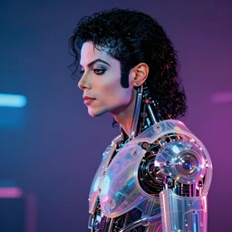 vibrant ultra clear sideview portrait of cyborg michael jackson by sandra chevrier laurie greasley gustave dore ron english, cybernetics, cinematic dramatic lighting, path tracing render, hypermaximalist