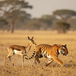 2 animals, one antelope and one tiger, the antelope is chasing the tiger golden hour, 6 0 0 mm, wildlife photo, national geographics