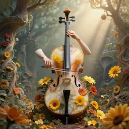a photo magical cello made of marble, 🌼🌻🍂, 8 k, early morning light, cinematic light, in the style of mark ryden and mc escher and ernst haeckel,