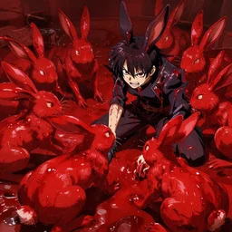 very aggressive ( ( ( ovegrowth game ) ) ) bunnies thirsty for blood, red bunnies covered in red liquid, very red liquid, blood, intense close fighting, assassin rabbit of caerbannog, makoto shinkai