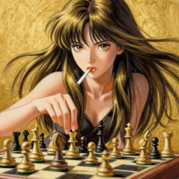 recursive image with a girl playing chess, large eyes, her long hair flowing, cigarette in her mouth, anatomically correct, oil pastels and gold, in the style of katsuhiro otomo, modeled in poser, redshift render, uhd