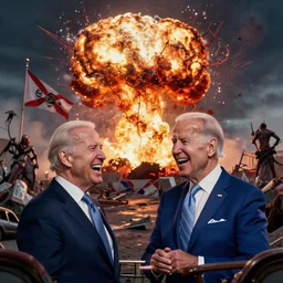 Joe Biden watches with laughter as the state of Florida is destroyed in a nuclear explosion in the background, Evil, chaos, ornate, horror, detailed, colorful