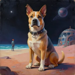 a painting of a dog that is sitting down with a space background, a person standing on a beach, cyberpunk art by mike beeple winkelmann, trending on cgsociety, afrofuturism, reimagined by industrial light and magic, concept art, official art, blender 3 d, trending on cgsociety, 3 d render, rendered in octane