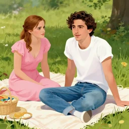 timothee chalamet in jeans and white t - shirt, having picnic with emma watson in pink dress, artwork by gaston bussiere, craig mullins, trending on artstation