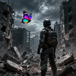 apocalypse's soldier standing in a ruined city watching a colorful butterfly, darkwave, darksynth, concept art, sharp, digital matte painting, art by luis royo, greg rutkowski, wlop, dramatic lighting, trending on artstation