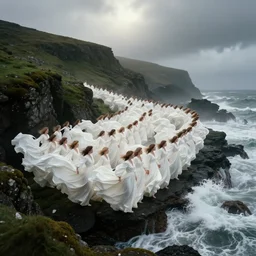 dark and moody 1 9 7 0's artistic technicolor spaghetti western film, a large huge group of women in a giant billowing wide long flowing waving shining bright white dresses, standing inside a green mossy irish rocky scenic landscape, crashing waves and sea foam, volumetric lighting, backlit, moody, atmospheric, fog, extremely windy, soft focus