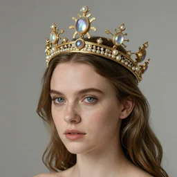 Nathalie Portman with Gold Crown with iridescent pearls, jewels, other worldly, rococo, by Anato Finnstark, Tom Bagshaw, Brom