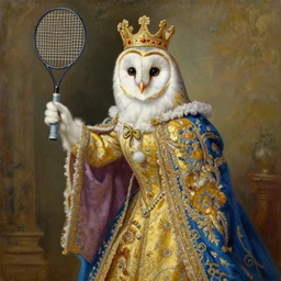 the royal king's barn owl playing tennis by greg hildebrant lisa frank fancy rococo baroque regal oil painting high quality award winning clothed in fancy garb