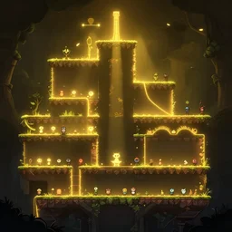 beautiful screenshot of a moody platformer level design, luminescent, golden ratio, rule of thirds, sidescrolling, 2 d, orthographic, owlboy, badlands, ori and the blind forest, cotw, trine 3, high quality, unreal 5, pinterest