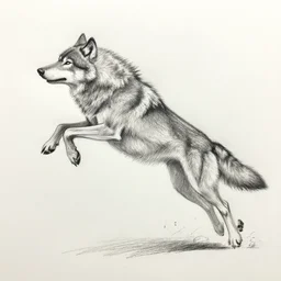 a crude pencil sketch of a wolf jumping, upper half is transforming into a photo, leaping from the paper