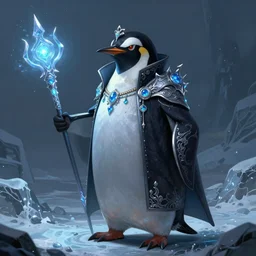 anthropomorphic evil penguin, dark clothes, icy landscape, wearing magical glowing weapons, dnd, mystical, character, fantasy, intricate, elegant, digital painting, artstation, concept art, smooth, 8 k frostbite 3 engine, ultra detailed, art by artgerm and greg rutkowski and magali villeneuve