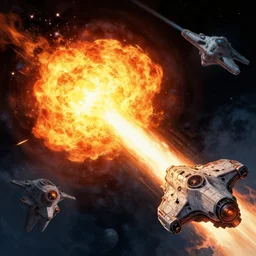 fireball shooting from sci - fi spaceship at enemy sci - fi spaceship, cover art