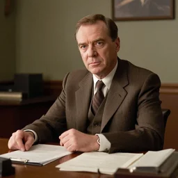Bob Hoskins as Eddie Valiant wearing a brown fadora and a brown pinstripe suit sitting at the desk of his detective's office.
