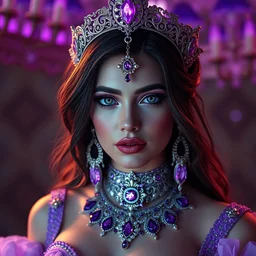portrait kylie jenner as a princess of amethyst, glowing, ornate and intricate purple jewelry, jaw dropping beauty, glowing background lighting, purple accent lighting, hyper detailed, fairy tale, 4 k octane render