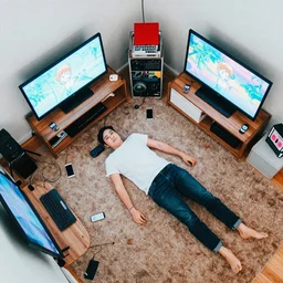 aerial view photo of a guy laying on the floor of his bedroom looking at the camera, synthwave colors, computer, cell phone, video games, tv, knick knacks, faded effect, scribble anime, light, bright, no shadows