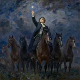 medium shot, low - angle, painting of wild hunt in the sky, dark clouds, night, beautiful, dark academia aesthetic, magic vibes, soft lighting, by george roux, by monet, by oil on canvas, royal academy, masterpiece, trending on artstation, cinematic composition, dramatic pose, beautiful lighting, sharp, details, hyper - detailed, hd