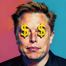 the portrait of smug elon musk having dollar signs instead of eyes, colorful pop art, modern art, by andy warhol