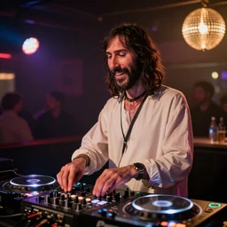 jesus is a disk jockey in a london discotheque, photo realistic, mood lighting