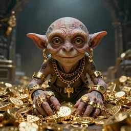 gollum wearing lots of gold rings, gold chains, and gold earrings in front of a pile of gold in a dungeon, bling, hip hop style, tattoos, imax, foggy atmosphere, bokeh