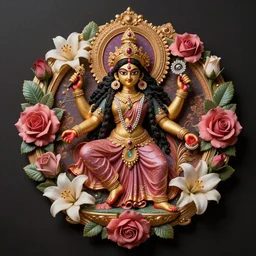 beautiful decorative ornament with the goddess kali, decorative design, classical ornament, bilateral symmetry, roses, lilies, leaves, beautiful mature color palette
