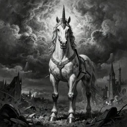 By Tom Bagshaw and Boris Vallejo, ultra realist soft painting of a warzone by night, centered Gothic armored unicorn standing, horror, omnious sky, symmetry accurate features, very intricate details, black and white, volumetric light clouds