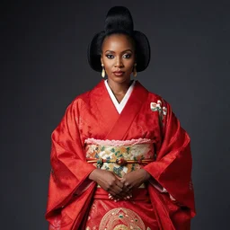 portrait of attractive dark - skinned tanzanian woman wearing regal japanese ceremonial attire, red dress, intricate details, ultra - realistic, studio lighting, contrasting background, editorial photography by alex james
