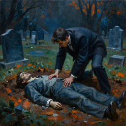 a man in a cemetery digging up a dead body, by nicola samori, painting, 8 k, high detail, medium blue, orange, and dark green tones, high quality, sad feeling, high detail, dark colors, sinister atmosphere, dramatic lighting, cinematic, establishing shot, extremely high detail, photo realistic, cinematic lighting