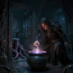 dark magician conjures over a vat with a potion, location of a dark old house, a monster with tentacles lies from the door, peter mohrbacher style, ray tracing, octane render, cinematic, digital art, realistic, high quality, 8 k