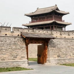the wooden gates of a large city, large stone walls, archers on the wall, fantasy, hyper realistic, grand
