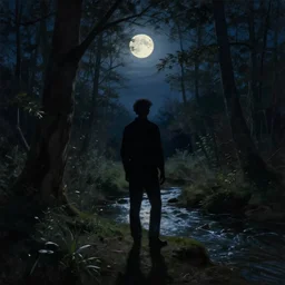 classical painting of a man standing in the forest by a creek at night, silhouetted by the moon, moonlight night, beautiful lighting