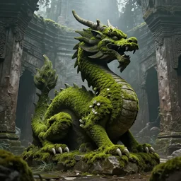 mossy statue of a dragon in an ancient temple ruin, fantasy painting, trending on artstation, artstationHD, artstationHQ, unreal engine, 8k