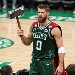 Thor watching the Celtics courtside, digital art, holding his hammer