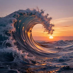 big ocen wave fractal, global illumination, intricate, detailed, atmospheric lighting, sunset, dream