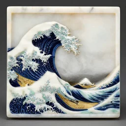 carved diorama of the great wave off kanagawa made of marble with jade and gold insets
