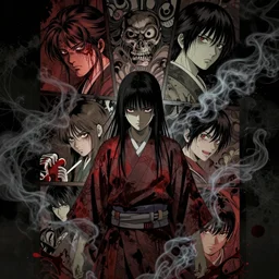 an intricate comic book panel of a japanese horror poster, blood lines, yokai, smoke by yusuke murata and makoto shinkai, 8 k, unreal engine, volumentric lighting, grungy, ominous