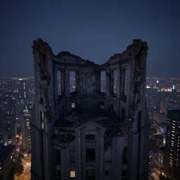 midnight view of the ruins from the top of the skyscraper unreal engine raytrace
