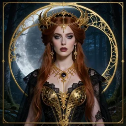 kiernan shipka as the magic goddess Of the moon and witchcraft and satanism, a beautiful art nouveau portrait by Gil elvgren, moonlit New England forest environment, centered composition, defined features, golden ratio, intricate gold jewlery and black lace