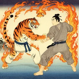 a fight between a fire tiger and karate fighter in the style of utagawa hiroshige, full hd, highly detailed
