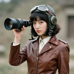 ektachrome, telephoto lens, highly detailed : incredibly realistic, youthful asian demure, feminine cut, exquisite features, portrait photo 1 9 7 0 s frontiers in flight leather suit cosplay fashion, nick night,