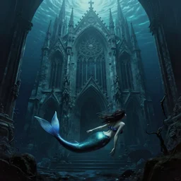 mermaids swimming in an underwater gothic cathedral at the bottom of the ocean, in the style of arnold bocklin francisco goya william blake and kentaro miura, dark and scary abyssal ambient, utradetailed, matte painting, smooth zenithal lighting, epic masterpiece,