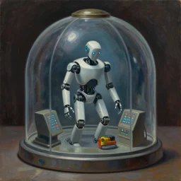 robot being reanimated inside a dome - shaped control center, evil lair, lowbrow surrealism, oil on canvas